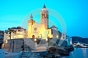 Church of Sant Bertomeu and Santa Tecla in Sitges by Night .Costa Brava, Spain. photo