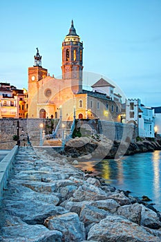 Church of Sant Bertomeu and Santa Tecla in Sitges by Night .Costa Brava, Spain. photo