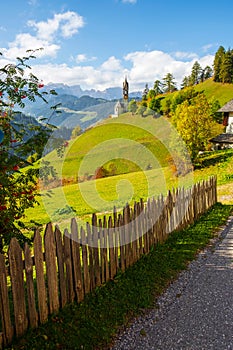 Church of Santa Barbara during the day in the cozy little village of La Valle, Alta Badia, South Tyrol