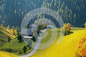 Church of Santa Barbara during the day in the cozy little village of La Valle, Alta Badia, South Tyrol