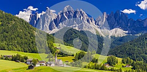 The church of Santa Maddalena and The Odle Mountain Peaks In Background, Panoramic View, Dolomites, Val di Funes,Italy