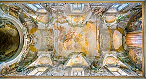 Frescoed vault with `Apotheosis of Saint Dominic` by Domenico Maria Canuti in the Church of Santi Domenico e Sisto in Rome, Italy.