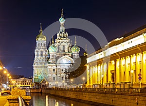 Church of the Savior on Spilled Blood Spas na Krovi on Griboedov canal at night, St. Petersburg, Russia