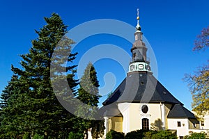 Church in Seiffen Ore Mountains in Saxony Germany at daylight in autumn