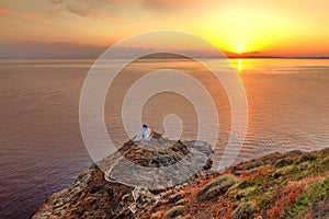 The Church of Seven Martyrs in the village Kastro of Sifnos island at sunrise, Greece