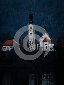 A church on the small island at Lake Bled in closed up