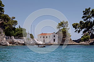 Church on a small island resort city Parga, region of Epirus, G