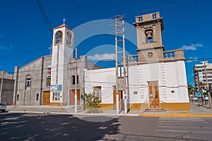 Church in small touristic town Puerto Madryn near peninsula Valdes, Patagonia, Argentina, summer, cityscape
