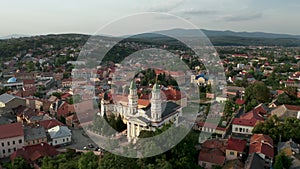 Church in small town or village, mountains summer, aerial drone view POI, Uzhhorod, Transcarpathia