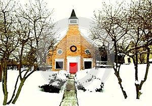 Church in Snow, Christmas Wreath, Red Doors