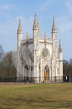 The Church of St. Alexander Nevsky (Gothic Capella) April day. Peterhof