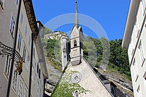 The church St. Blasius and the mountain Monchsberg in Salzburg, Austria, Europa.