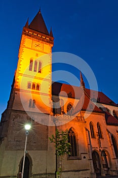 The church of st. Egidius on Town hall square in Bardejov town during evening