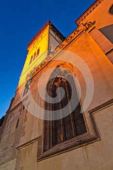 The church of st. Egidius on Town hall square in Bardejov town during evening