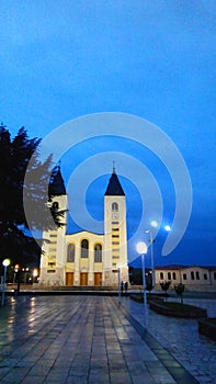 Church of St. James from a distance in the early morning, Medjugorje -  Croatia.