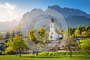 Church St Johannes, Wetterstein, Waxenstein and Zugspitze at sunrise, Grainau