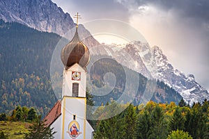 Church St Johannes, Wetterstein, Waxenstein and Zugspitze at sunrise, Grainau