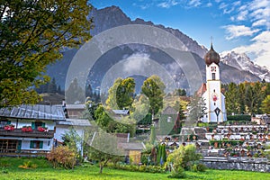 Church St Johannes, Wetterstein, Waxenstein and Zugspitze at sunrise, Grainau