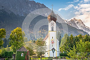 Church St Johannes, Wetterstein, Waxenstein and Zugspitze at sunrise, Grainau