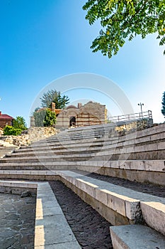 The Church of St John Aliturgetos and the Ancient Theatre in Nessebar ancient city on the Bulgarian Black Sea Coast. Nesebar or