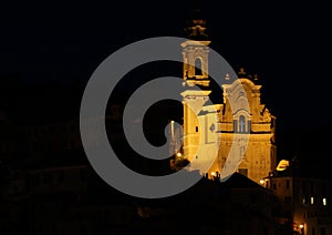 The church of St. John the Baptist at night.the medieval village of Cervo (San Bartolomeo al Mare) Imperia-Italy