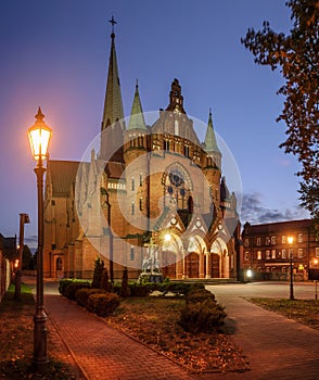 The Church of St. Joseph in Katowice in the evening.