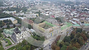 Church of St. Michael Barefoot Carmelite Church in Lviv view from above in slow motion. The historical and beautiful