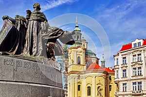 Church of St Nicholas and Jan Hus monumenton historic square the