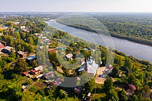 Church of St. Nicholas the Wonderworker of city Manturovo from helicopter. Russia