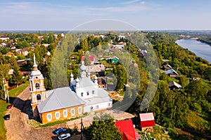 Church of St. Nicholas the Wonderworker of city Manturovo from helicopter. Russia