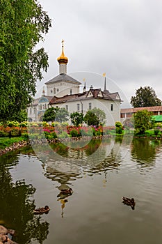 Church of St. Nicholas the Wonderworker and garden pond in Tolga convent in Yaroslavl, Russia