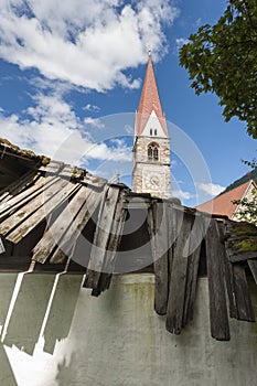 Church in St Pankraz behind defective roof