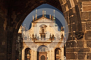 Church of St. Salvator Facade framed by Old Town Bridge Tower Prague Czech Republic