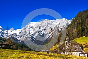 Church St. Sebastian by village of Ramsau in the bavarian Alps