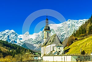 Church St. Sebastian by village of Ramsau in the bavarian Alps