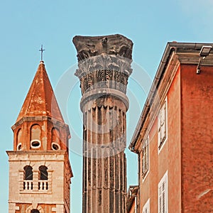 Church of St. Simeon and historical pillar in the old town of Zadar, Croatia