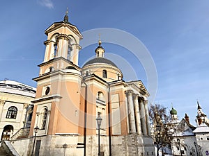 The church of St. Varvara in sunny winter day. Street Varvarka. Moscow, Russia