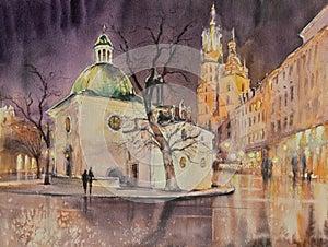 Krakow at night watercolors painting. photo