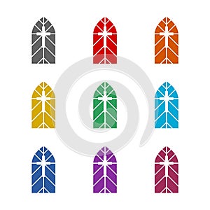 Church stain glass window icon isolated on white background. Set icons colorful