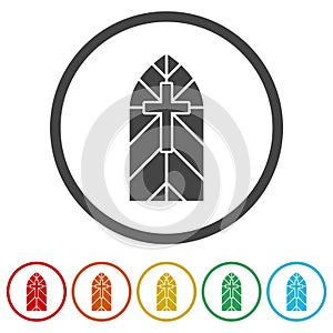 Church stain glass window icon. Set icons in color circle buttons