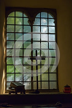 Church Stained-glass Window, The Holy Bible and Wooden Cross