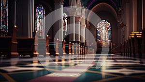 a church with a stained glass window and a row of pews in front of the pews and a stained glass wind