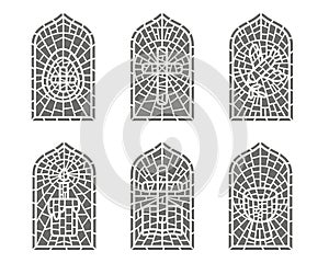Church stained windows with religious Easter symbols. Christian mosaic glass arches set with cross dove cup and egg
