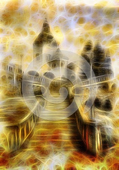 Church and staircaise, pencil drawing on paper, colorful fractal effect.