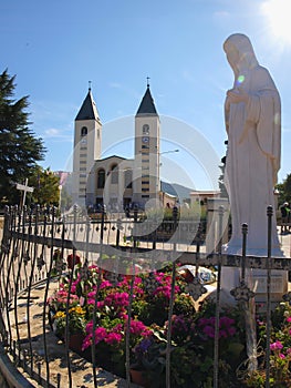 Church and statue of Madonna in Medjugorje, a place of pilgrimage from all over the world