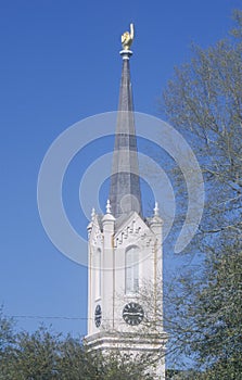 Church steeple from 1859 First Presbyterian Church showing finger pointing upward in Port Gibson MS