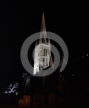 Church Steeple lit up at night