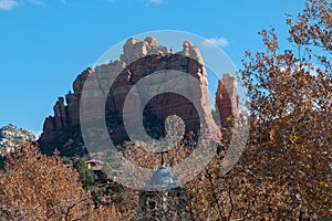 Church steeple and red rock monolith, Sedona, Arizona