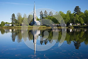 church steeple reflecting in a glassy lake photo