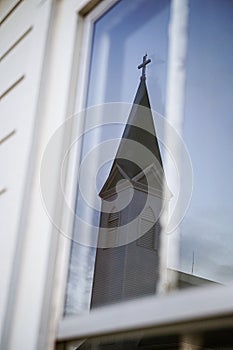 Church Steeple Reflection on Window